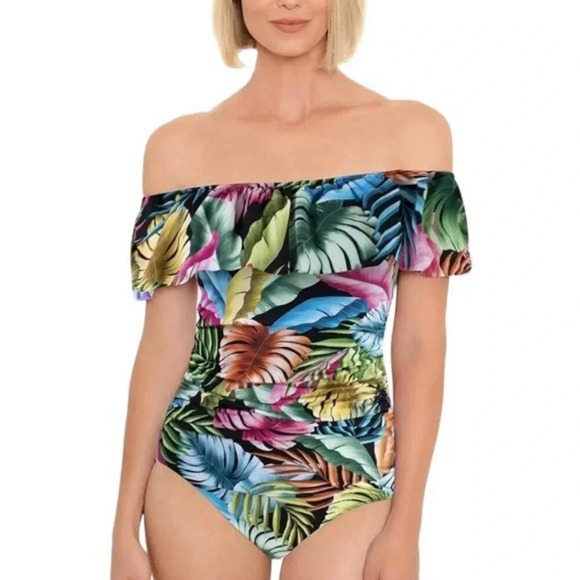 Swim Solutions Tummy-Control Off The Shoulder One Piece Swimsuit Size 12 NWT - Picture 1 of 12